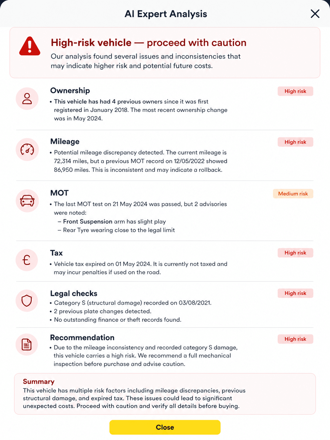 Example AI Expert Analysis showing a high-risk vehicle report